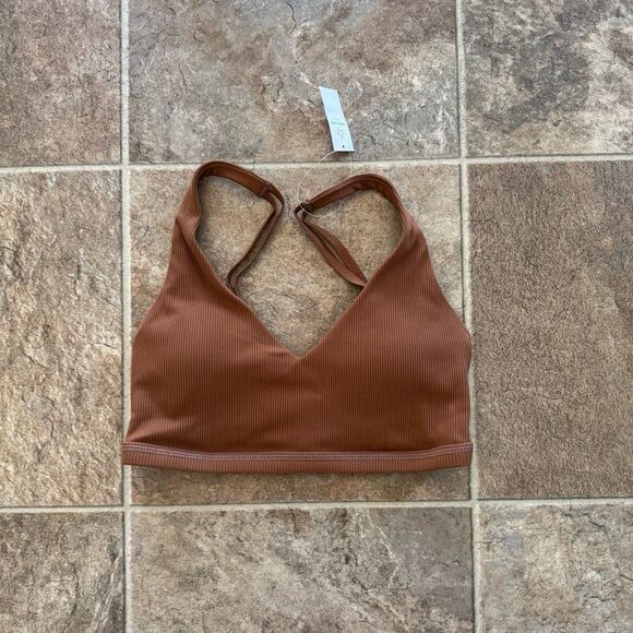 OFFLINE By Aerie Ribbed Plunge Sports Bra Brown Size Small - Picture 1 of 8
